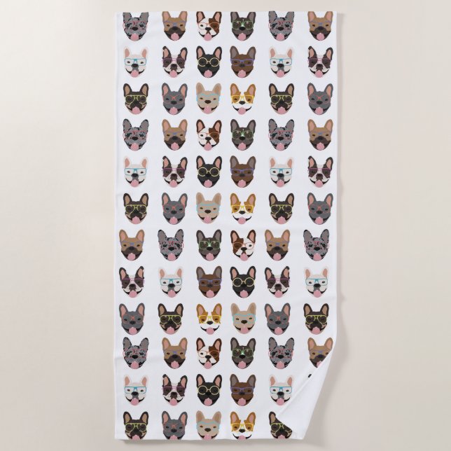 Cute French Bulldogs Wearing Glasses Beach Towel (Front)