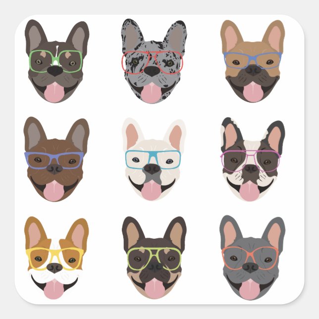 Cute French Bulldogs Wearing Glasses Square Sticker (Front)