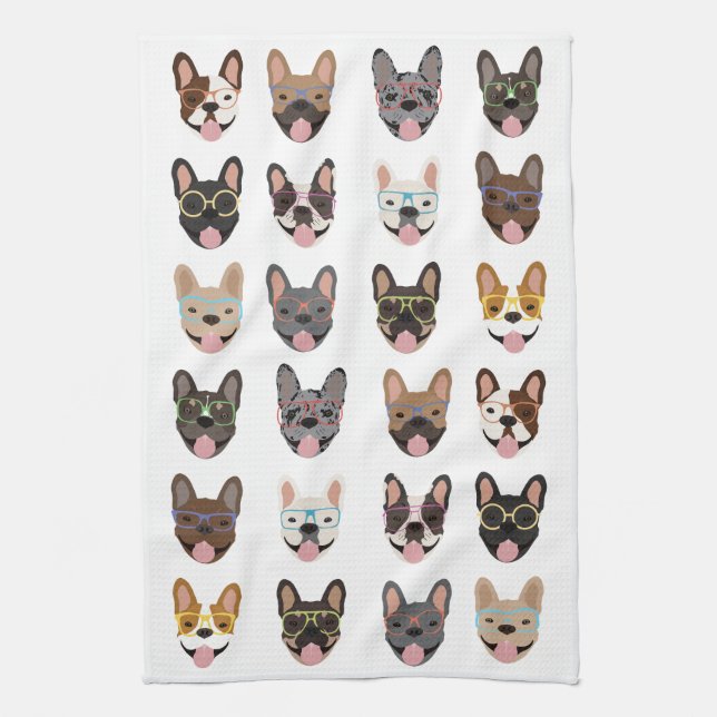 Cute French Bulldogs Wearing Glasses Tea Towel (Vertical)