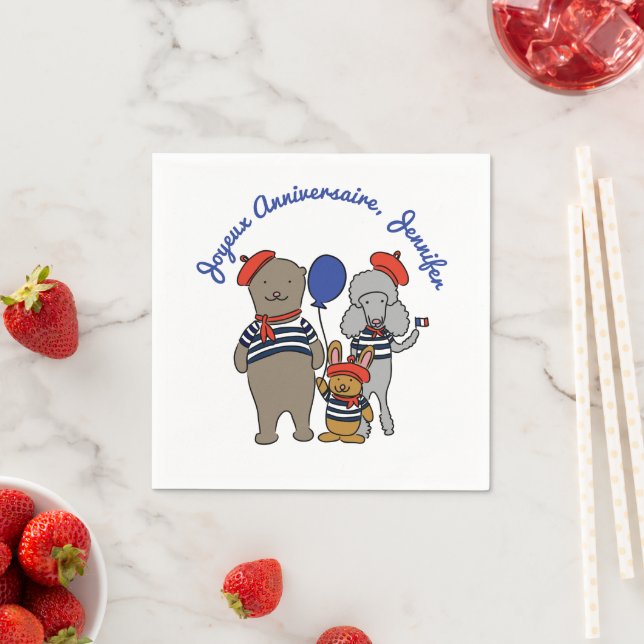 Cute French Cartoon Animals Personalised Napkin (Insitu)