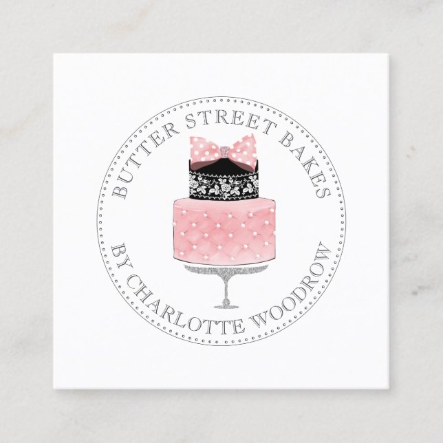 Cute French Chocolate Pink Cake Baker Pastry Chef Square Business Card (Front)