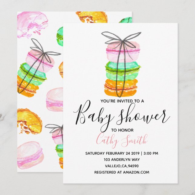 Cute french macaron baby shower invite (Front/Back)