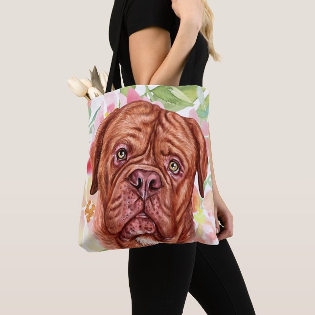Cute French Mastiff With Pink Flower Pattern Tote Bag (Close Up)