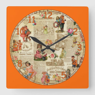 Cute French Newspaper Square Wall Clock