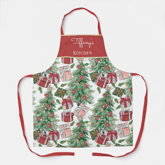 Cute,  French Pink, Red, and Soft Green Trees Apron (Front)