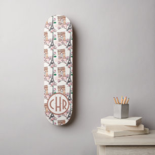 Cute French Theme Monogram   France Landmarks Skateboard