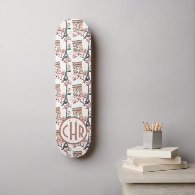 Cute French Theme Monogram | France Landmarks Skateboard (Wall Art)