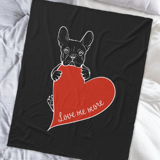 Cute Frenchie Dog with a Red Heart Fleece Blanket