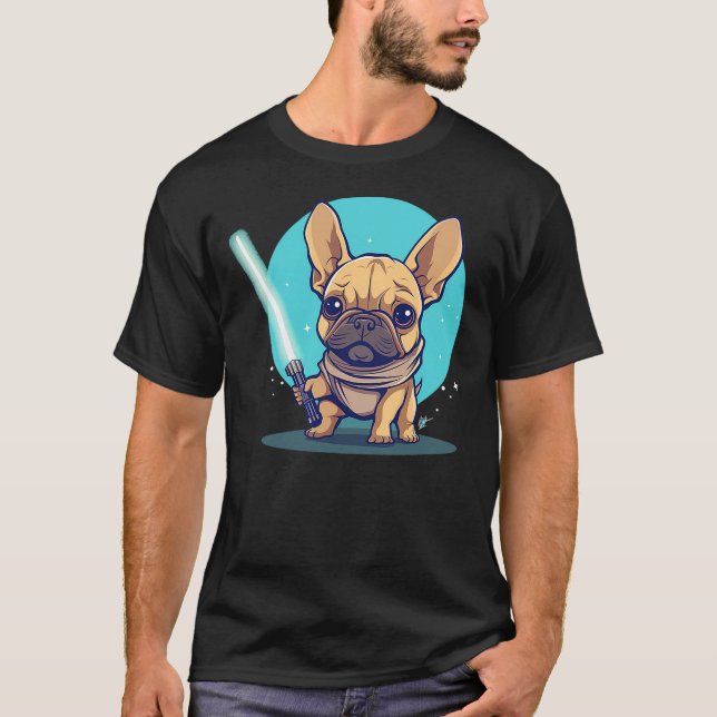 Cute Frenchie Holding Light Laser Saber Sword Dog  T-Shirt (Front)
