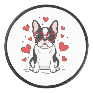 Cute Frenchie in Love Heart Sunglasses Illustratio Hockey Puck