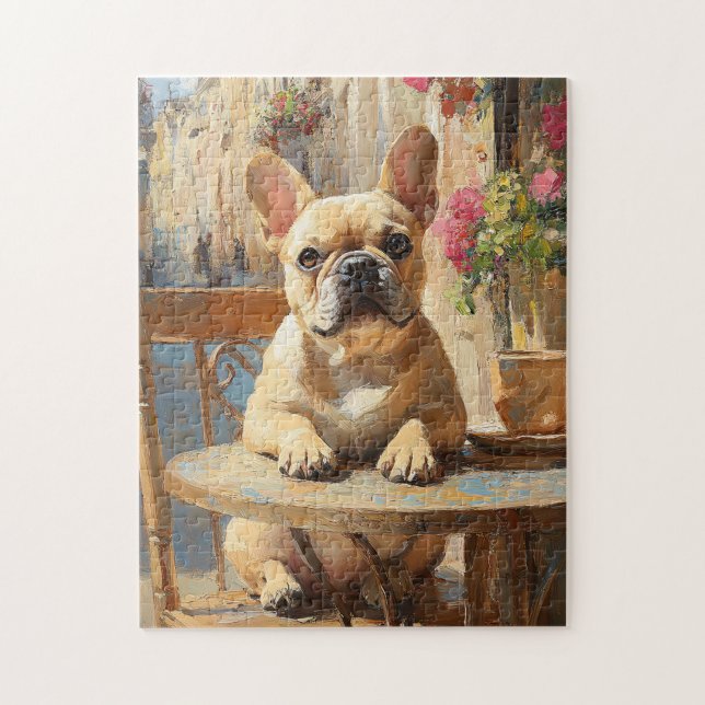 Cute Frenchie Paris Cafe Oil Painting Jigsaw Puzzle (Vertical)