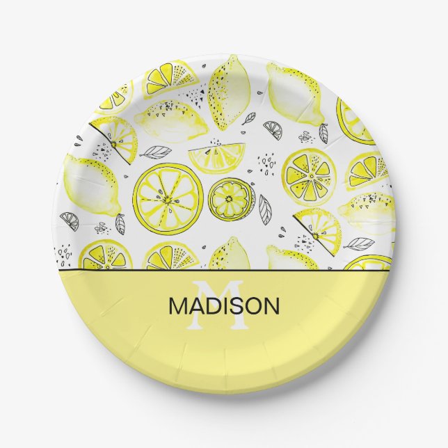 Cute Fresh Lemon Citrus Doodle Yellow Monogram Paper Plate (Front)