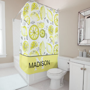 Cute Fresh Lemon Citrus Doodle Yellow Monogram Shower Curtain