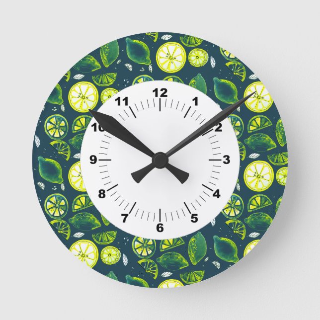 Cute Fresh Summer Lemon Citrus Doodle Yellow Blue Round Clock (Front)