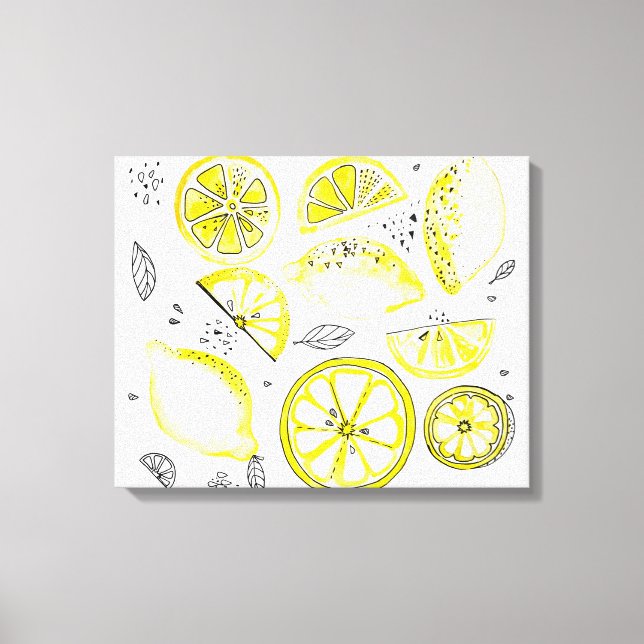 Cute Fresh Summer Lemon Citrus Doodle Yellow Canvas Print (Front)