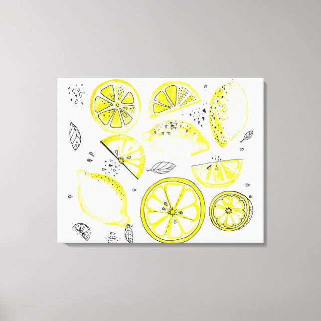 Cute Fresh Summer Lemon Citrus Doodle Yellow Canvas Print (Front)