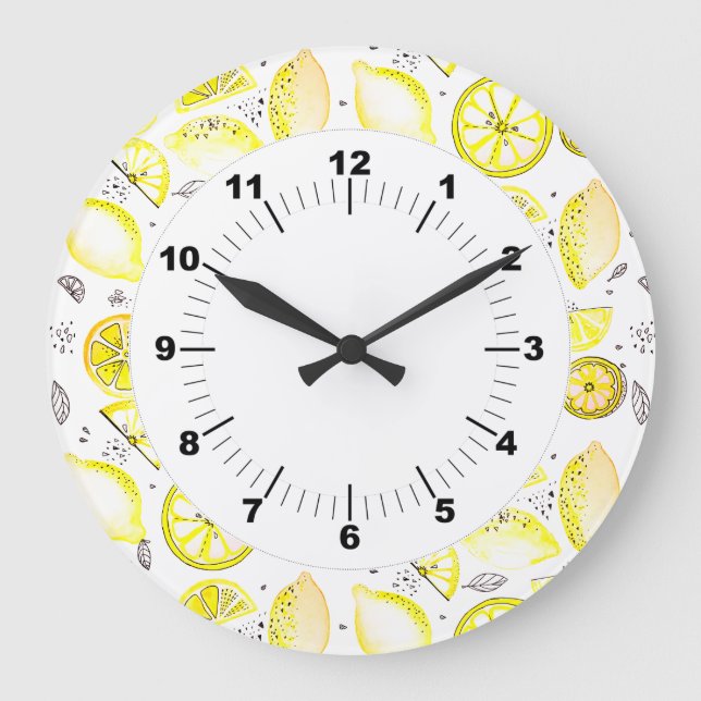 Cute Fresh Summer Lemon Citrus Doodle Yellow Large Clock (Front)
