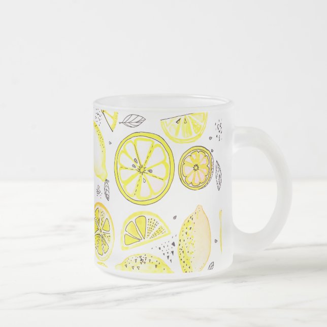 Cute Fresh Summer Lemon Citrus Doodle Yellow Large Frosted Glass Coffee Mug (Right)