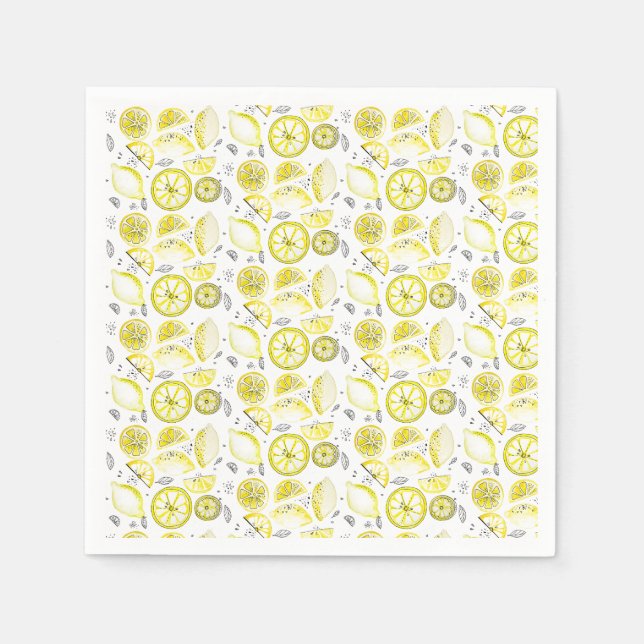 Cute Fresh Summer Lemon Citrus Doodle Yellow Napkin (Front)