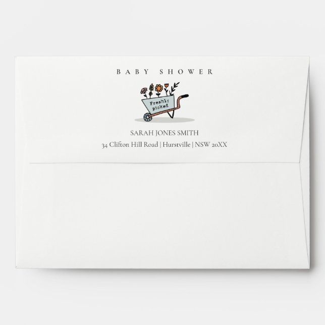 Cute Freshly Picked Blue Floral Cart Baby Shower Envelope (Back (Top Flap))