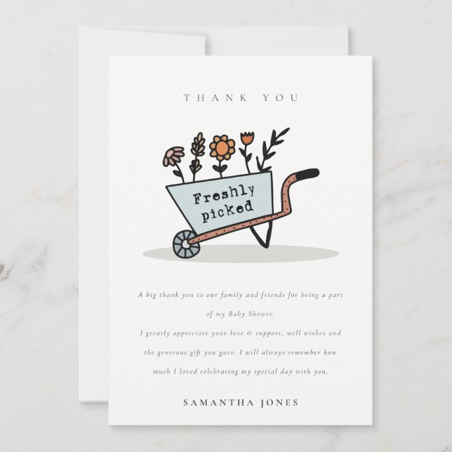 Cute Freshly Picked Blue Floral Cart Baby Shower Thank You Card (Front)