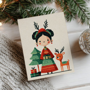 Cute Frida Kahlo Minimalist Cartoon Christmas  Postcard