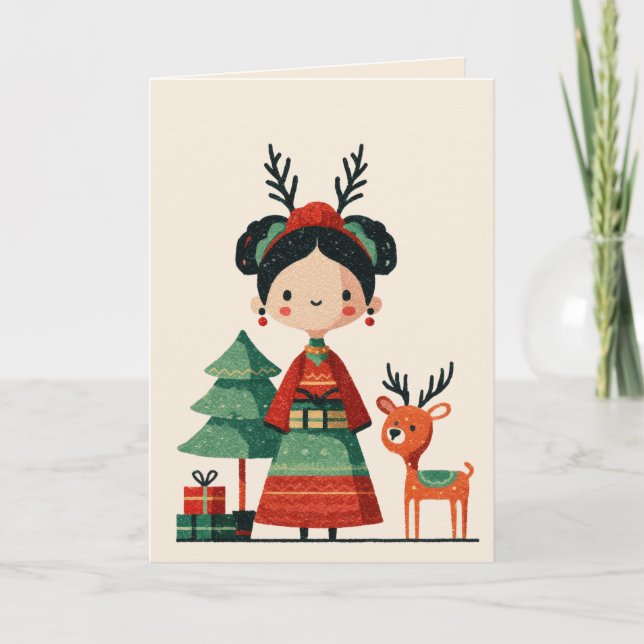 Cute Frida Kahlo Retro Minimalist Merry Christmas Card (Front)