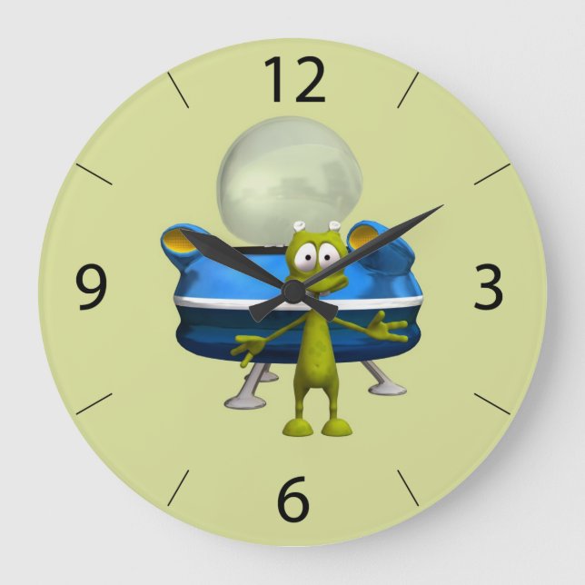Cute Friendly Alien UFO Cartoon Space Art Large Clock (Front)