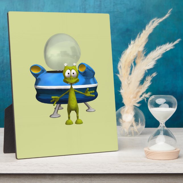 Cute Friendly Alien UFO Cartoon Space Art Plaque (Side)