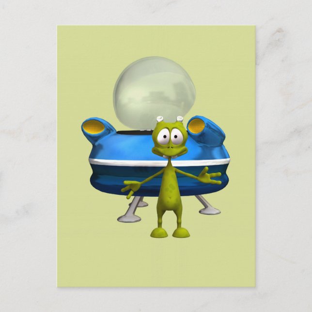 Cute Friendly Alien UFO Cartoon Space Art Postcard (Front)