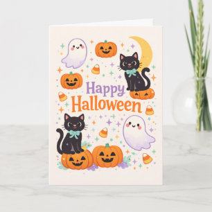Cute Friendly Cats Ghosts Pumpkins Halloween  Card