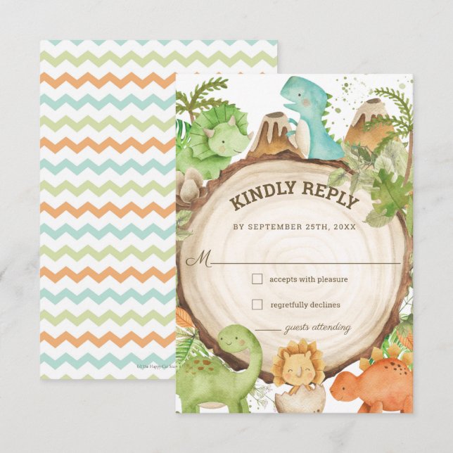 Cute Friendly Dinosaurs Baby Shower 1st Birthday  RSVP Card (Front/Back)