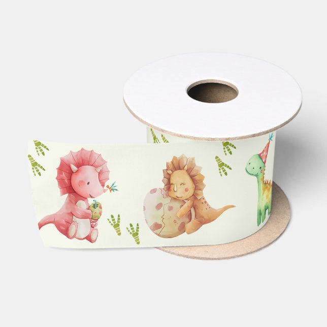 Cute Friendly Dinosaurs Green Satin Ribbon  (Spool)