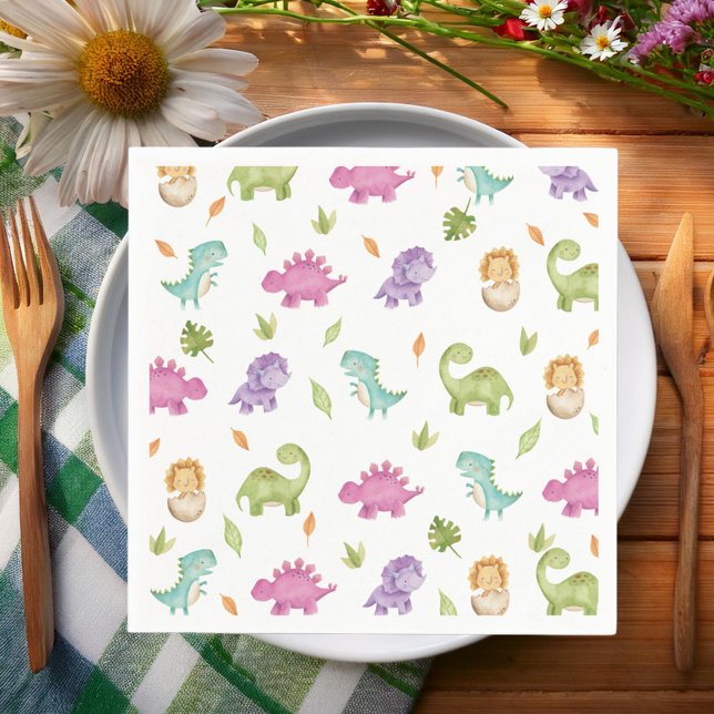 Cute Friendly Dinosaurs Party T-Rex Brontosaurus Napkin (cute friendly dinosaurs girl birthday party paper napkins serviettes colorful pink purple green)