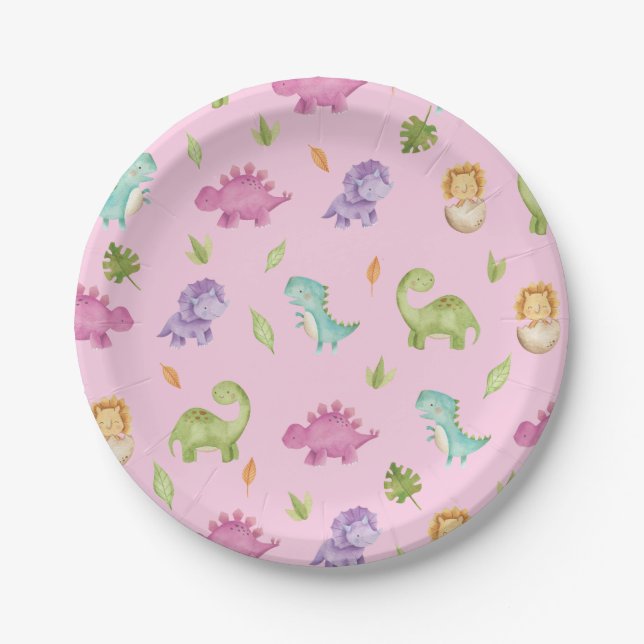 Cute Friendly Dinosaurs Party T-Rex Girl Birthday  Paper Plate (Front)
