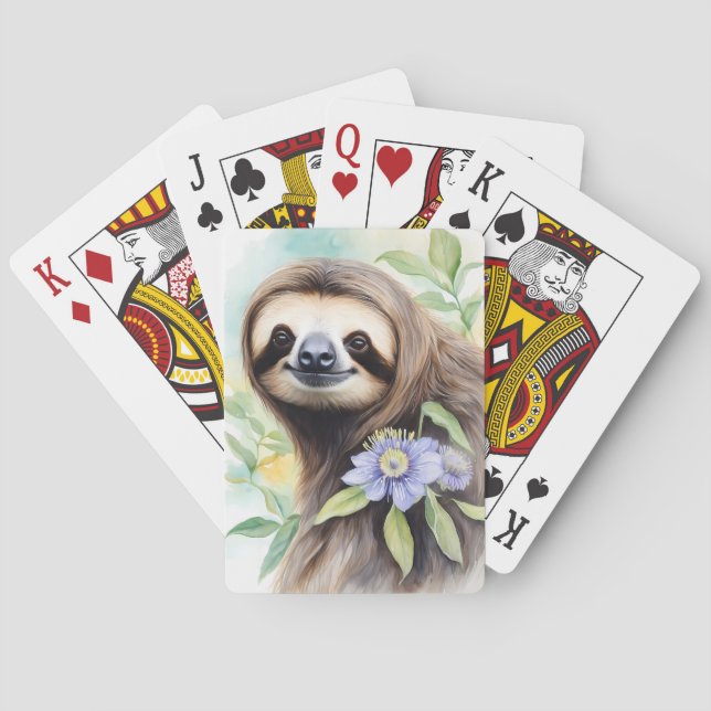 Cute Friendly Sloth Watercolor painting Playing Cards (Back)