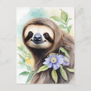 Cute Friendly Sloth Watercolor painting Postcard