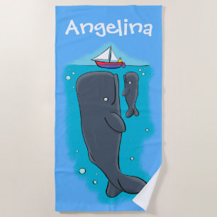 Cute friendly whales with sailing boat cartoon beach towel