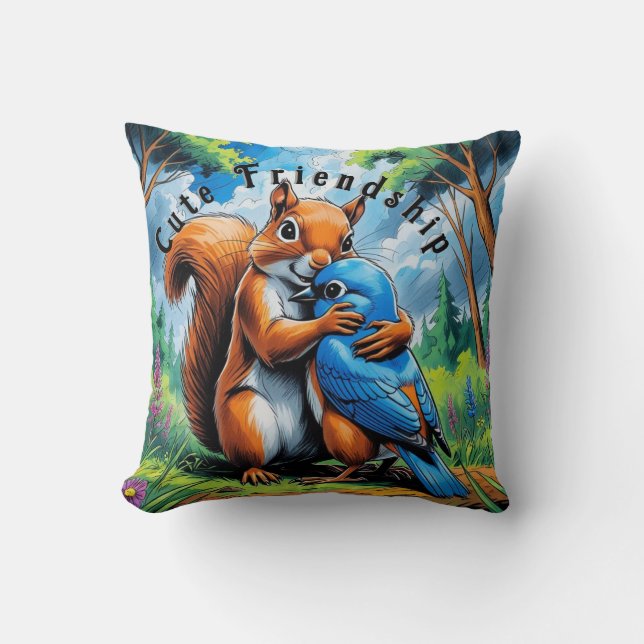 Cute Friendship Between Squirrel and Bluebird Cushion (Front)