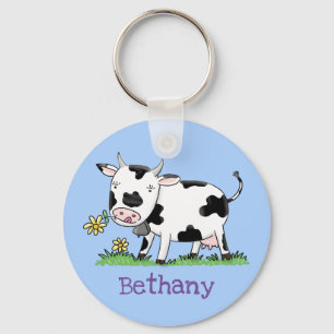 Cute friesian cow cartoon illustration key ring