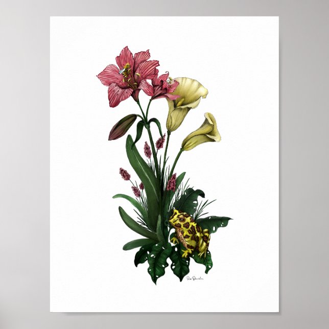 Cute Frog Among the Lilies Botanical Floral Art Poster (Front)