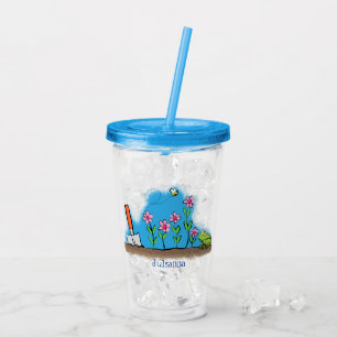 Cute frog and bee in garden cartoon illustration acrylic tumbler