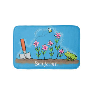 Cute frog and bee in garden cartoon illustration bath mat