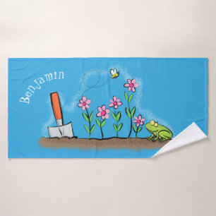 Cute frog and bee in garden cartoon illustration bath towel set