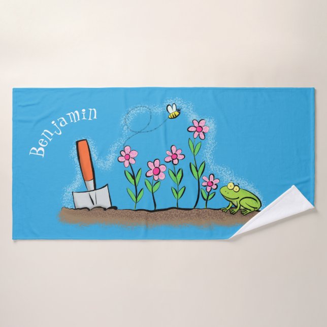 Cute frog and bee in garden cartoon illustration bath towel set (Bath Towel)