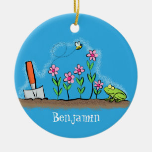 Cute frog and bee in garden cartoon illustration ceramic tree decoration