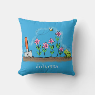 Cute frog and bee in garden cartoon illustration cushion