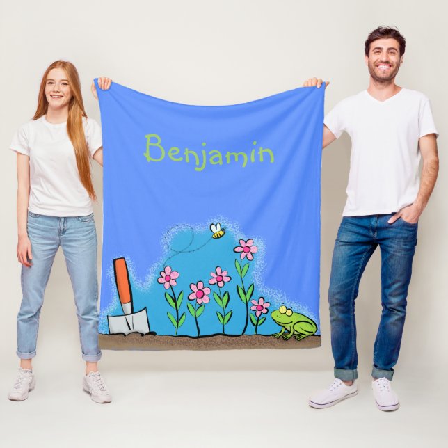 Cute frog and bee in garden cartoon illustration fleece blanket (In Situ)