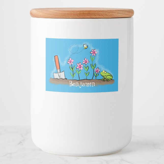 Cute frog and bee in garden cartoon illustration food label (Front)