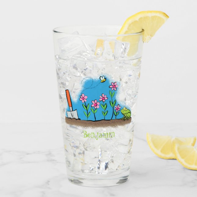 Cute frog and bee in garden cartoon illustration glass (Back Ice)